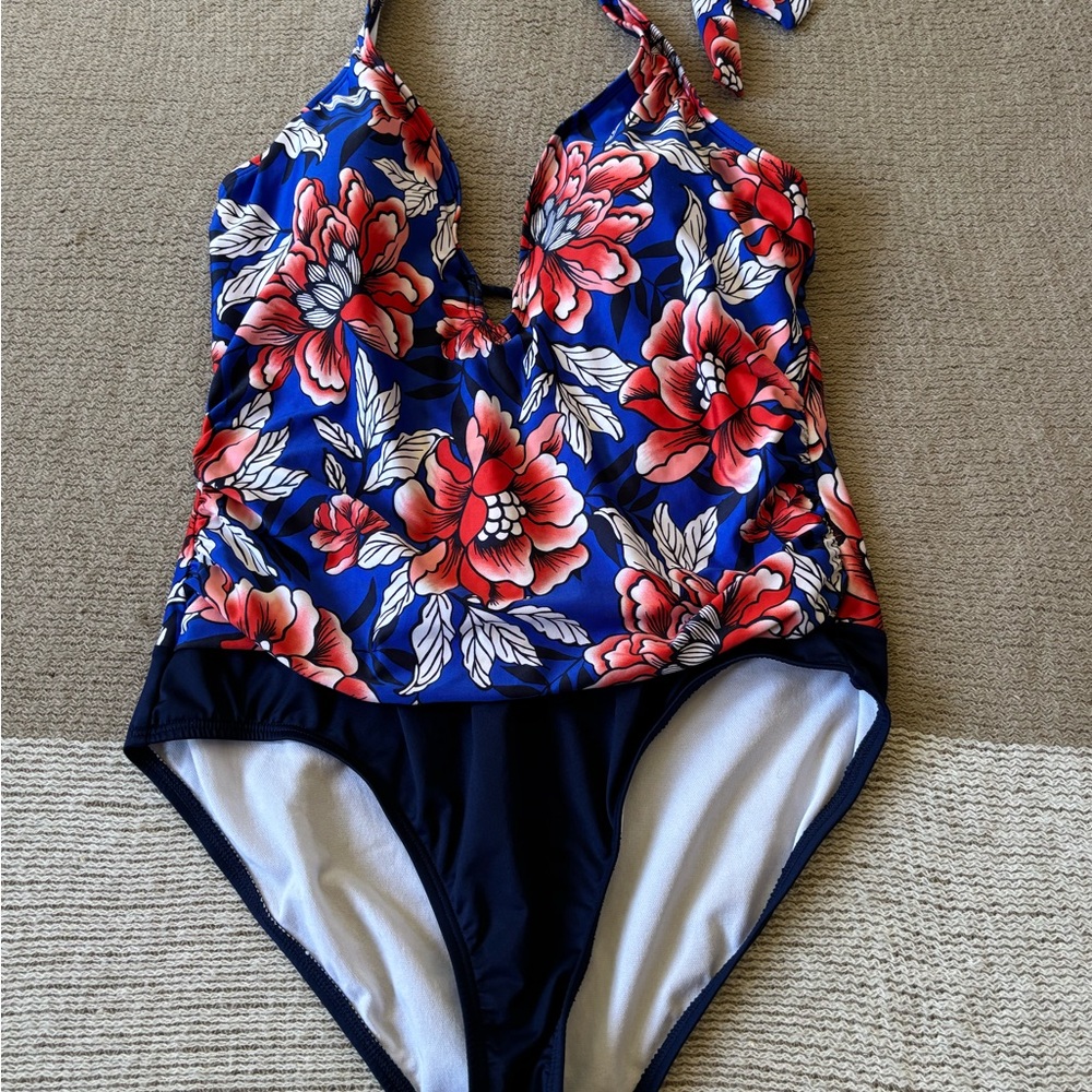 Floral Navy One-Piece Swimsuit with Red Bloom Print and Halter Neck